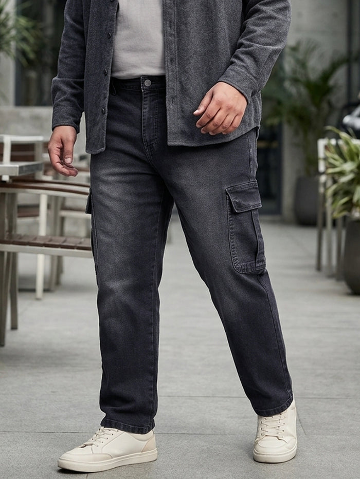 Plus Men's Grey Regular Fit Washed Cargo Jeans With 6 Pockets Stretchable