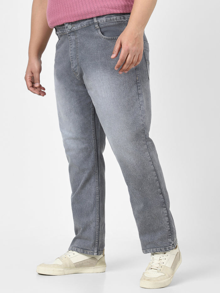 Plus Men's Grey Straight Fit Washed Jeans Stretchable