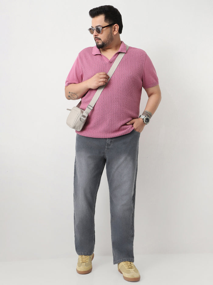 Plus Men's Grey Straight Fit Washed Jeans Stretchable