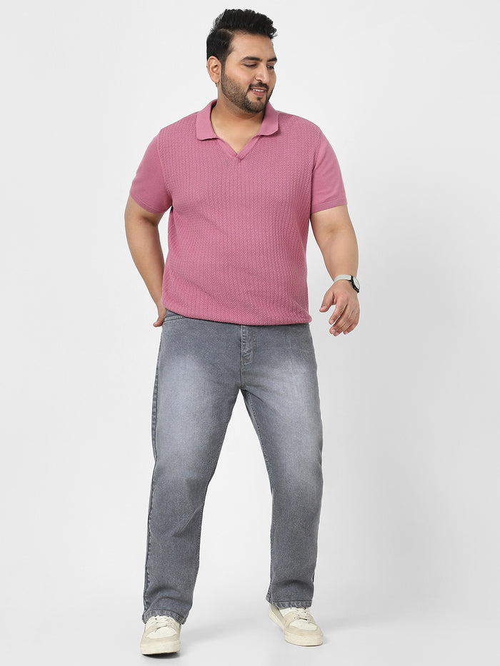 Plus Men's Grey Straight Fit Washed Jeans Stretchable