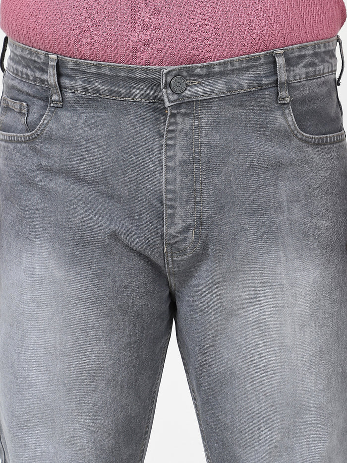 Plus Men's Grey Straight Fit Washed Jeans Stretchable