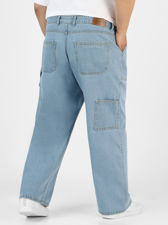 Plus Men's Ice Blue Loose Fit Cargo Carpenter Jeans With 6 Pockets Non-Stretchable
