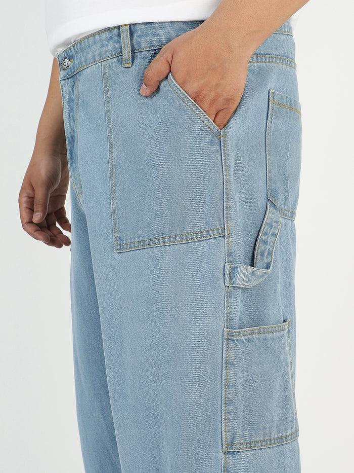 Plus Men's Ice Blue Loose Fit Cargo Carpenter Jeans With 6 Pockets Non-Stretchable