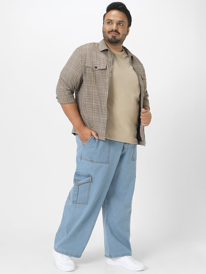 Plus Men's Ice Blue Loose Fit Cargo Jeans with 6 Pockets Non-Stretchable