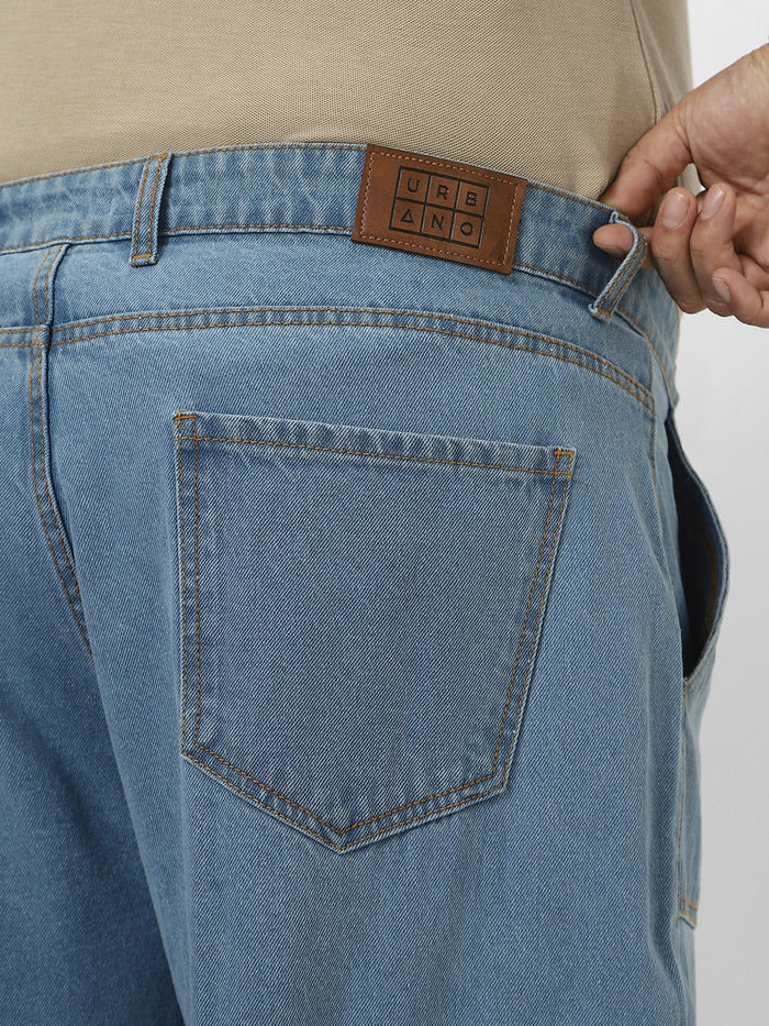 Plus Men's Ice Blue Loose Fit Cargo Jeans with 6 Pockets Non-Stretchable