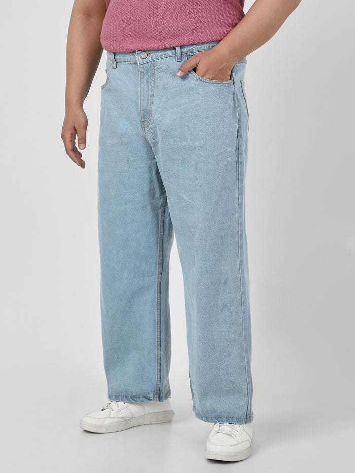 Plus Men's Ice Blue Loose Fit Washed Jeans Non-Stretchable
