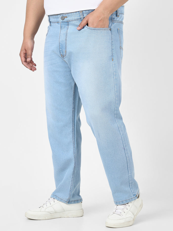 Plus Men's Ice Blue Straight Fit Washed Jeans Stretchable