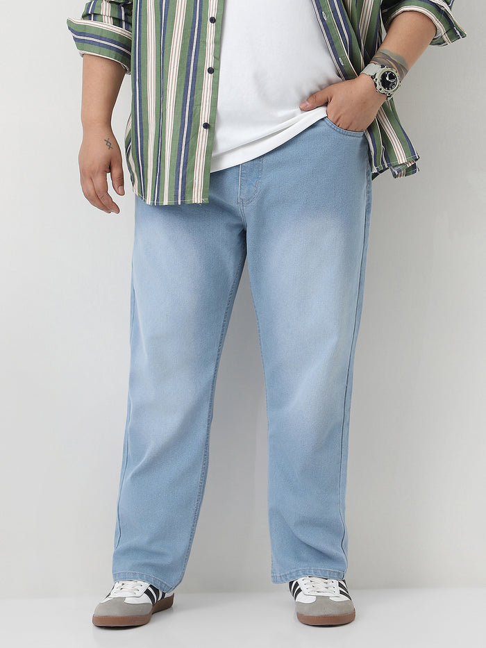 Plus Men's Ice Blue Straight Fit Washed Jeans Stretchable
