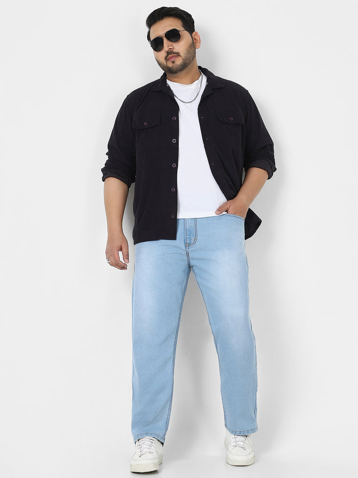 Plus Men's Ice Blue Straight Fit Washed Jeans Stretchable