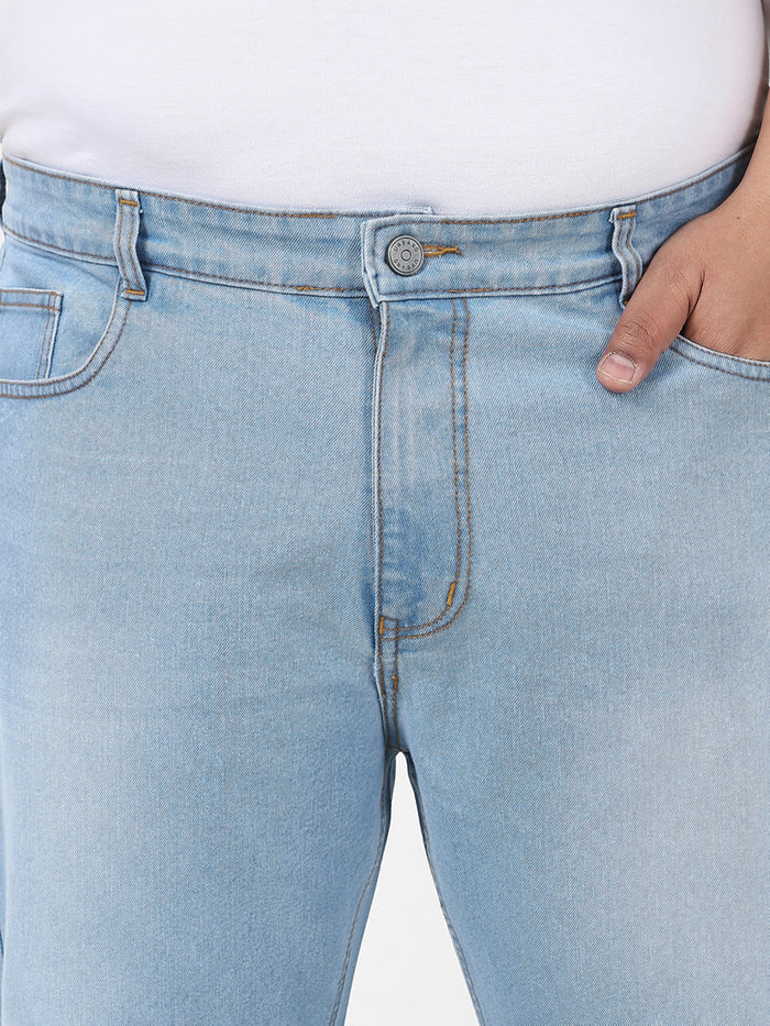 Plus Men's Ice Blue Straight Fit Washed Jeans Stretchable