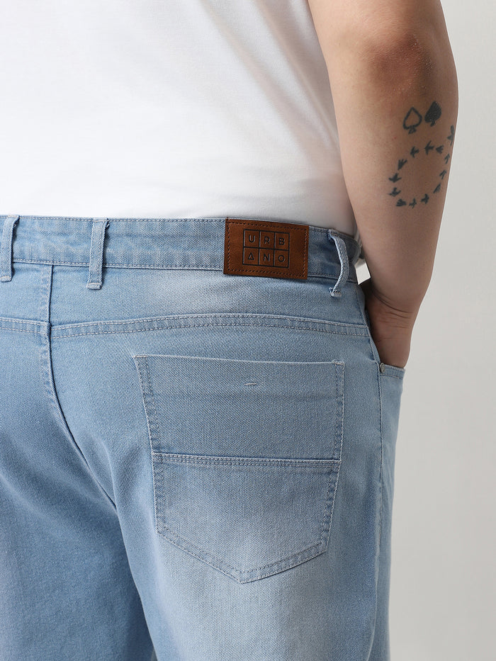 Plus Men's Ice Blue Straight Fit Washed Jeans Stretchable