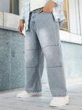 Plus Men's Ice Grey Loose Baggy Fit Cut and Sew Panelled Jeans Non-Stretchable