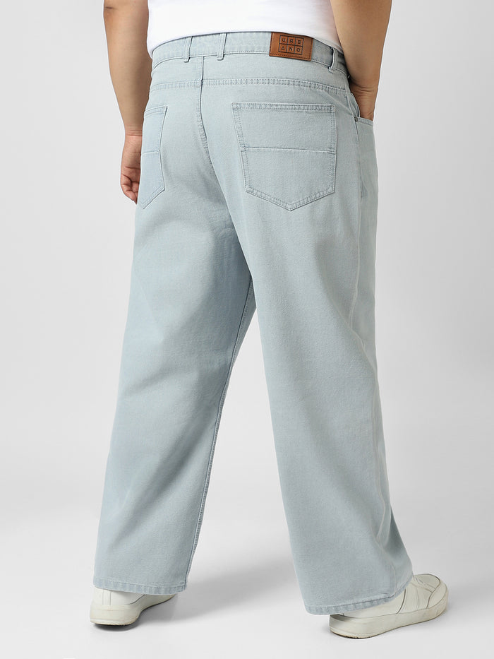 Plus Men's Ice Grey Loose Baggy Fit Washed Jeans Non-Stretchable