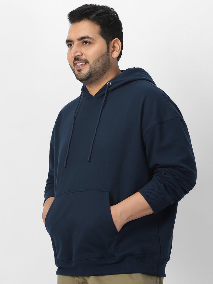 Plus Men's Iris Navy Cotton Solid Oversized Hooded Neck Sweatshirt