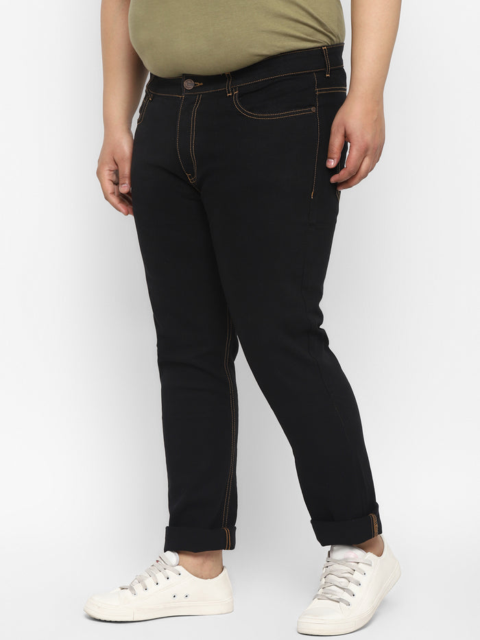 Plus Men's Jet Black Regular Fit Washed Jeans Stretchable