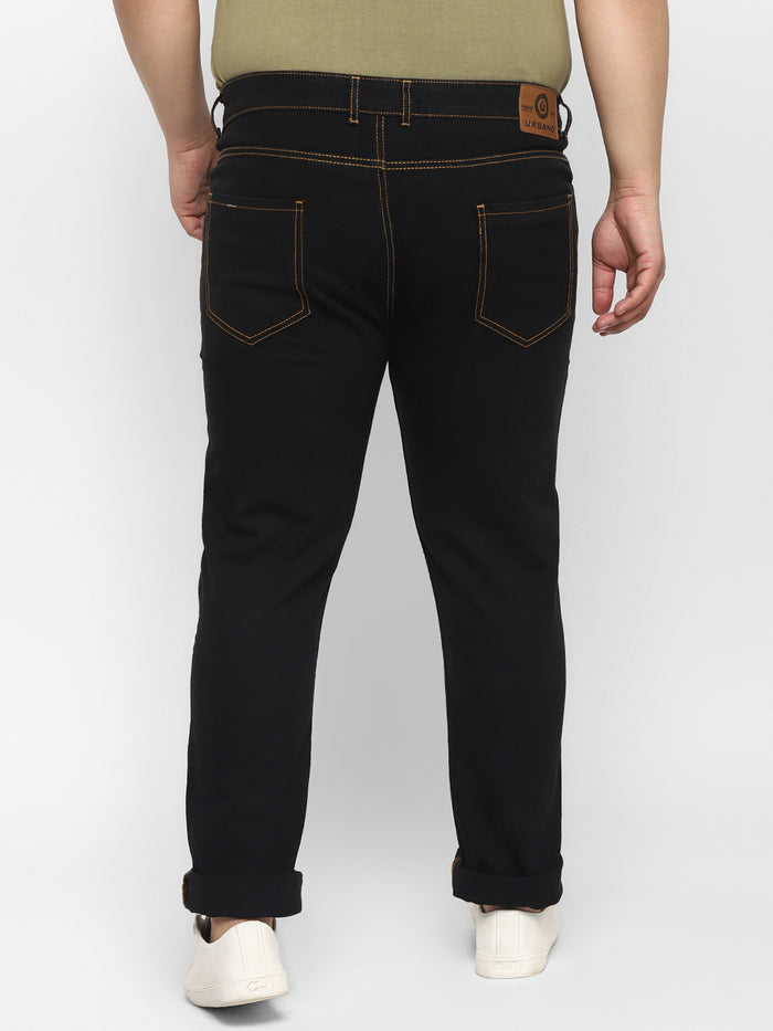 Plus Men's Jet Black Regular Fit Washed Jeans Stretchable