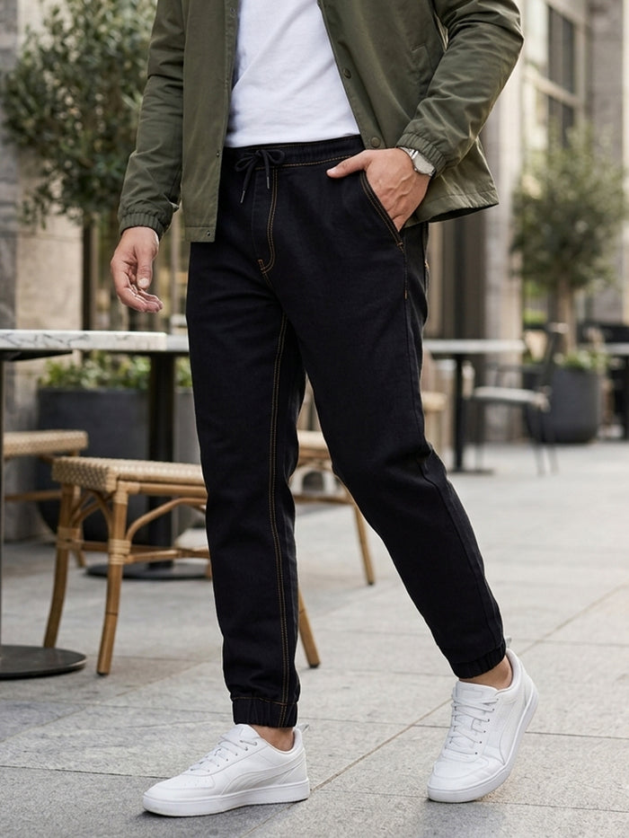 Plus Men's Jet Black Regular Fit Washed Jogger Jeans Stretchable