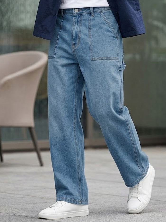 Plus Men's Light Blue Loose Fit Cargo Carpenter Jeans With 6 Pockets Non-Stretchable