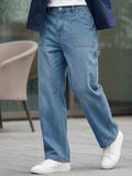 Plus Men's Light Blue Loose Fit Cargo Carpenter Jeans With 6 Pockets Non-Stretchable