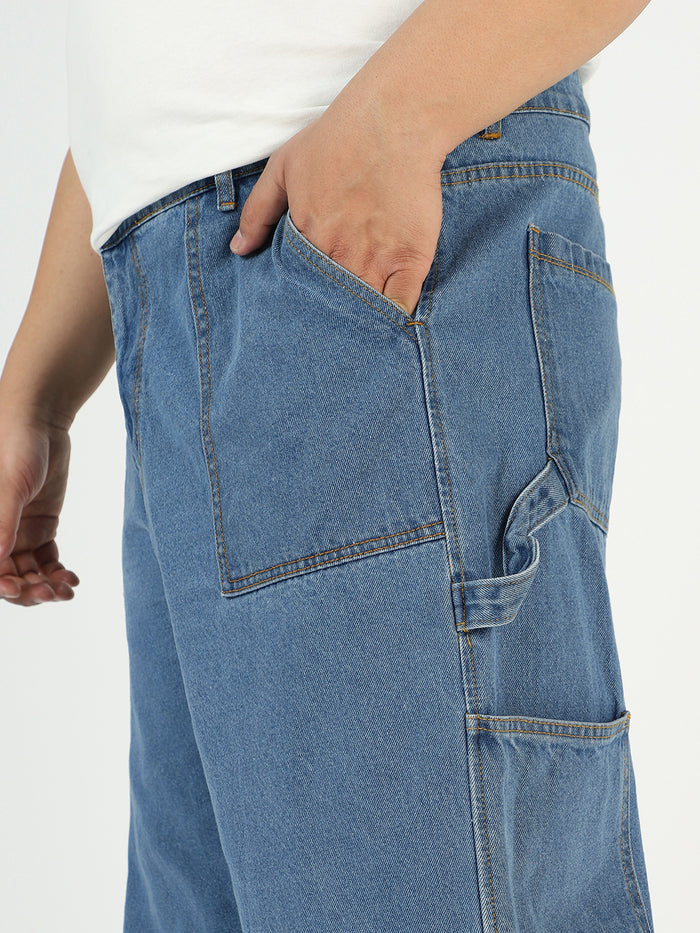 Plus Men's Light Blue Loose Fit Cargo Carpenter Jeans With 6 Pockets Non-Stretchable