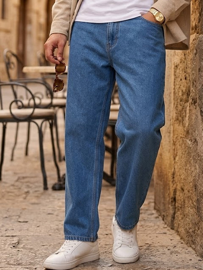 Plus Men's Light Blue Loose Fit Washed Jeans Non-Stretchable