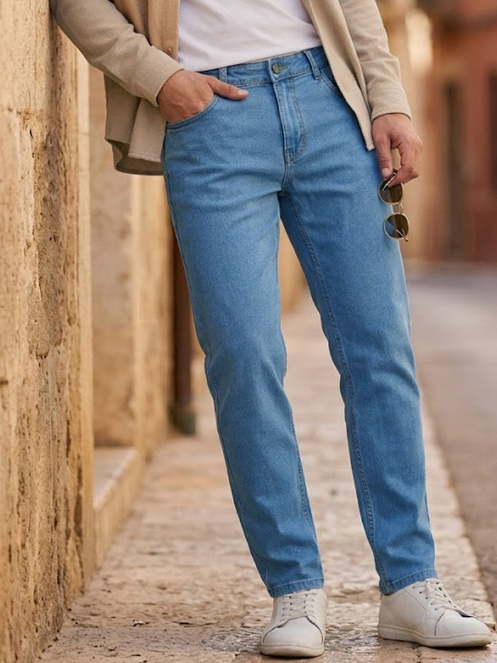 Plus Men's Light Blue Regular Fit Solid Jeans Stretchable