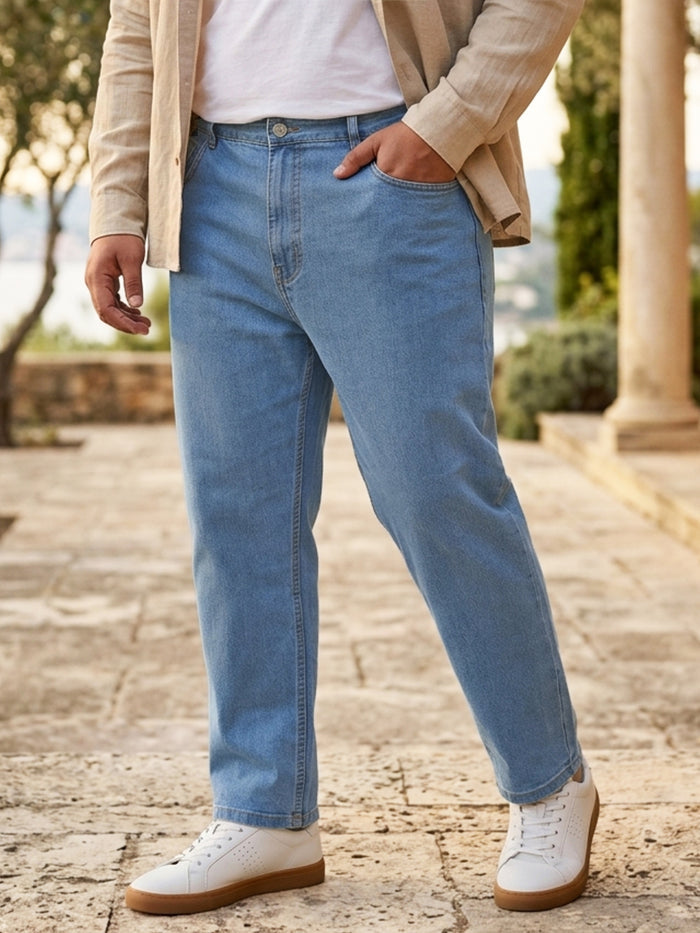 Plus Men's Light Blue Regular Fit Washed Jeans Stretchable