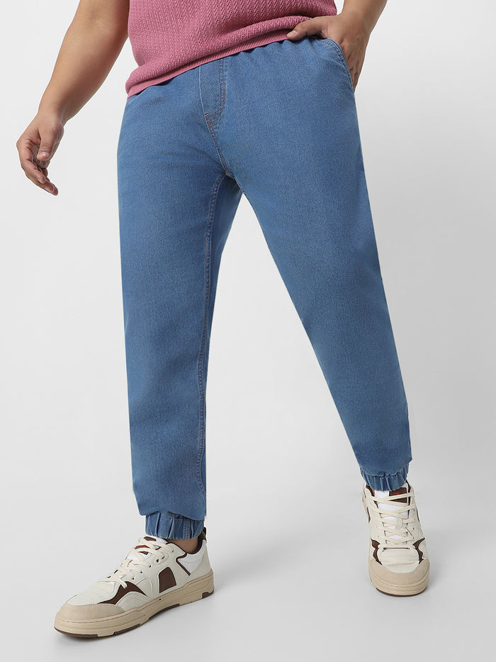 Plus Men's Light Blue Regular Fit Washed Jogger Jeans Stretchable