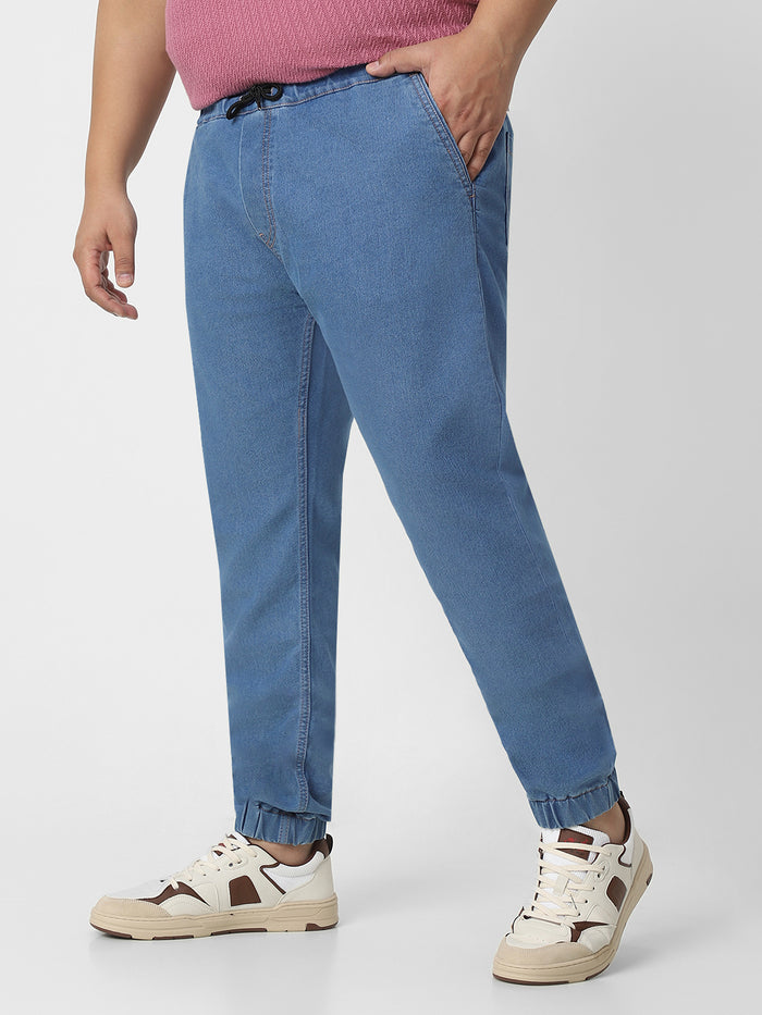 Plus Men's Light Blue Regular Fit Washed Jogger Jeans Stretchable