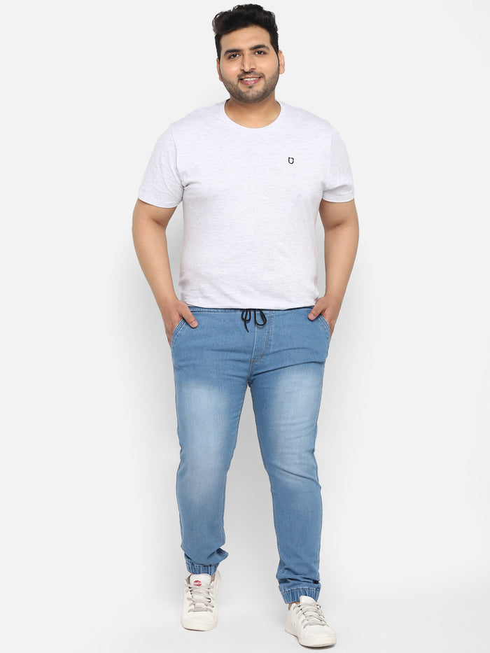 Plus Men's Light Blue Regular Fit Washed Jogger Jeans Stretchable