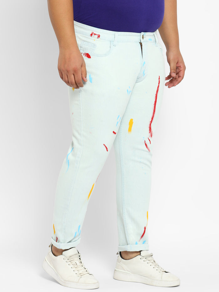 Plus Men's Light Blue Regular Fit Washed Printed Jeans Stretchable