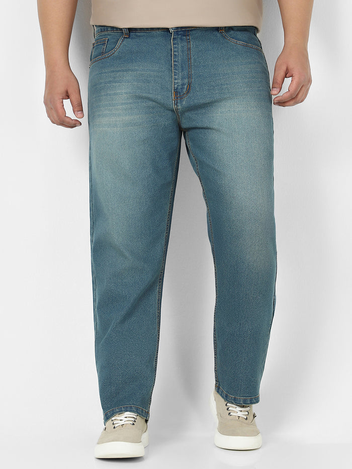 Plus Men's Light Blue Straight Fit Washed Jeans Stretchable