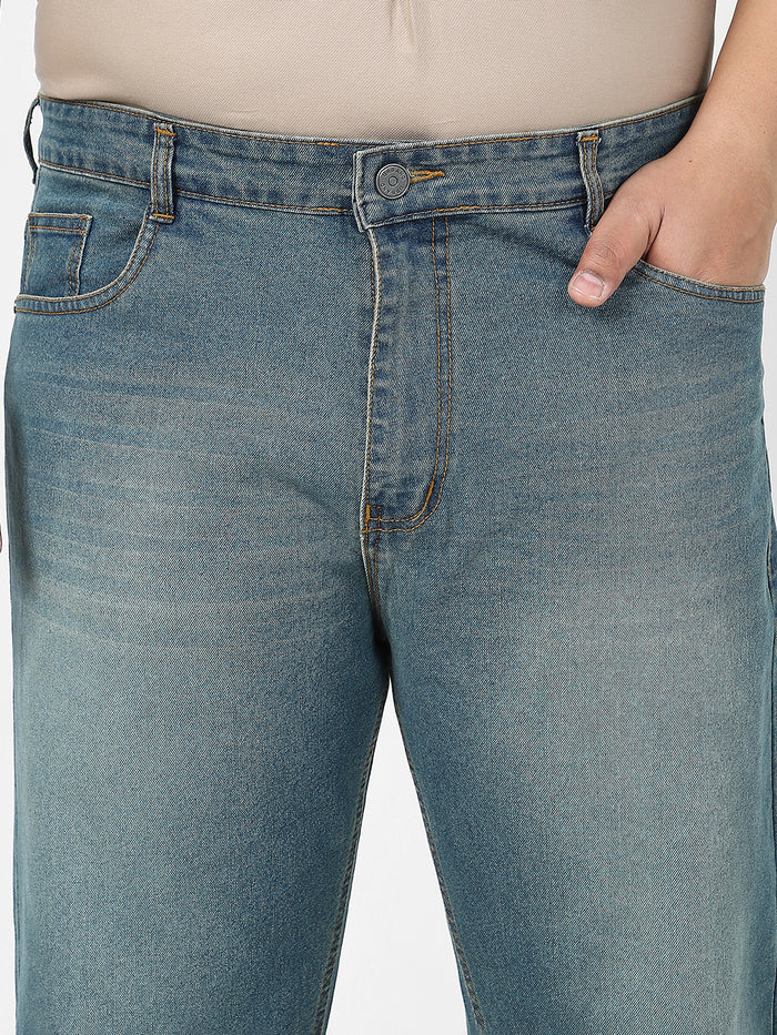 Plus Men's Light Blue Straight Fit Washed Jeans Stretchable