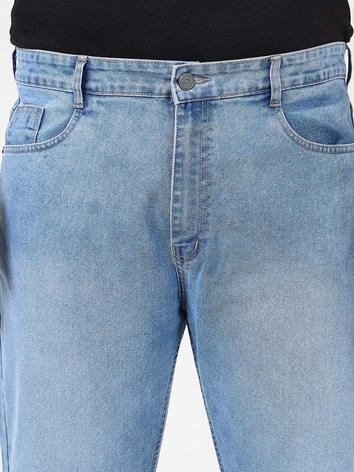 Plus Men's Light Blue Straight Fit Washed Jeans Stretchable