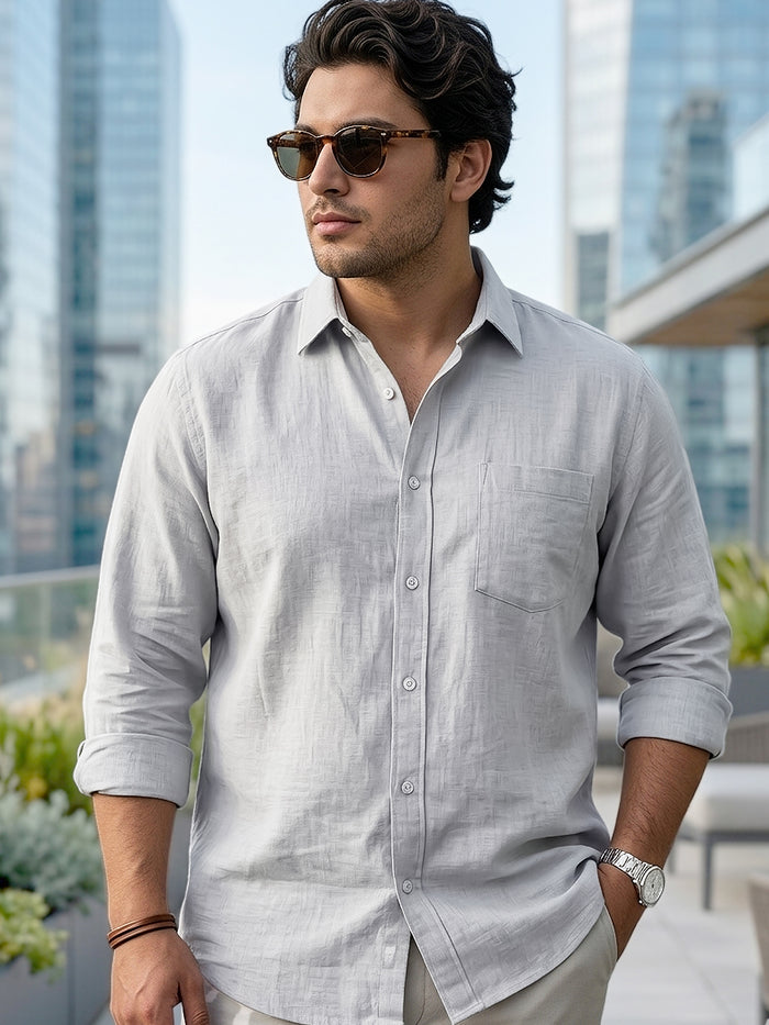 Plus Men's Light Grey Linen Blend Full Sleeve Relaxed Fit Casual Solid Shirt