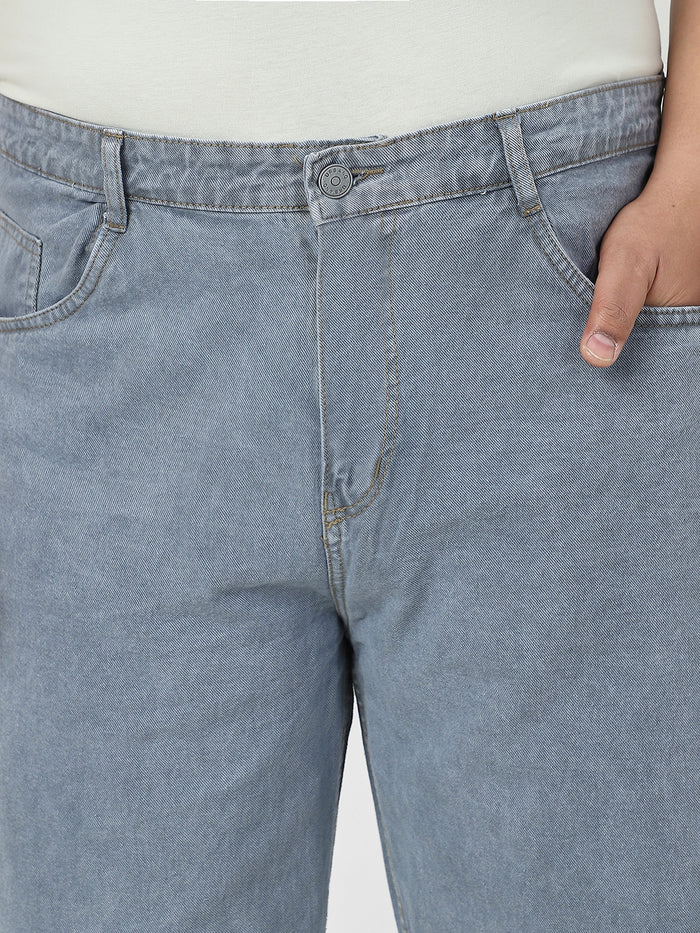 Plus Men's Light Grey Loose Fit Washed Jeans Non-Stretchable
