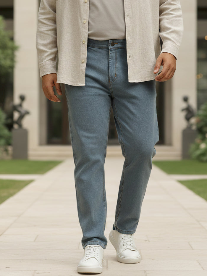 Plus Men's Light Grey Regular Fit Washed Jeans Stretchable
