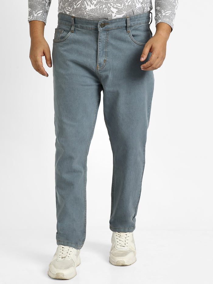 Plus Men's Light Grey Regular Fit Washed Jeans Stretchable