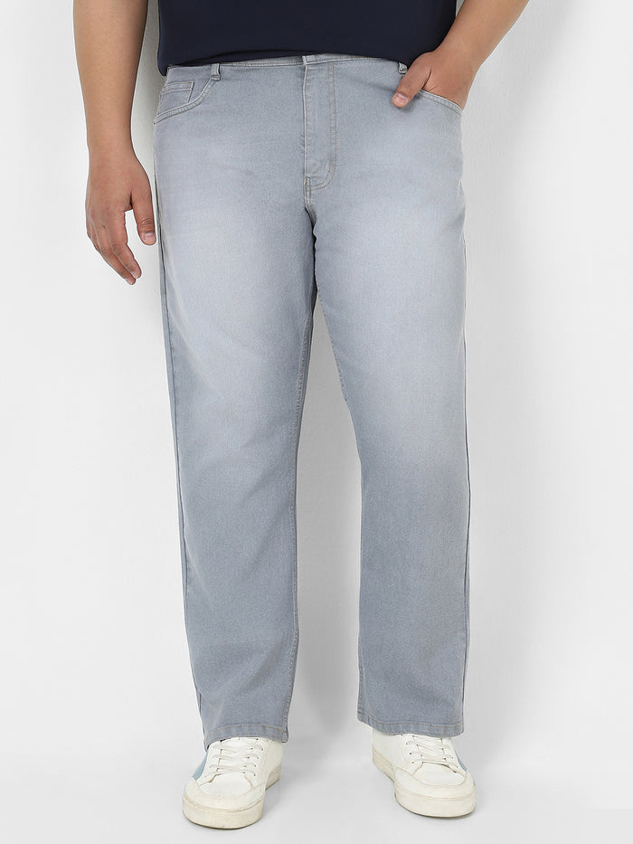 Plus Men's Light Grey Straight Fit Washed Jeans Stretchable