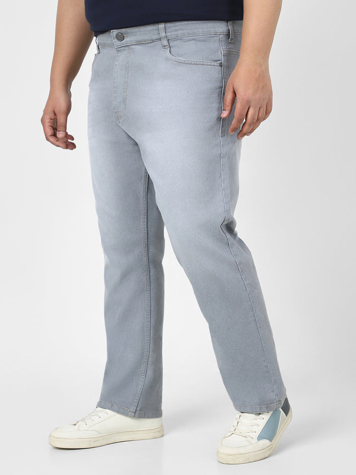 Plus Men's Light Grey Straight Fit Washed Jeans Stretchable