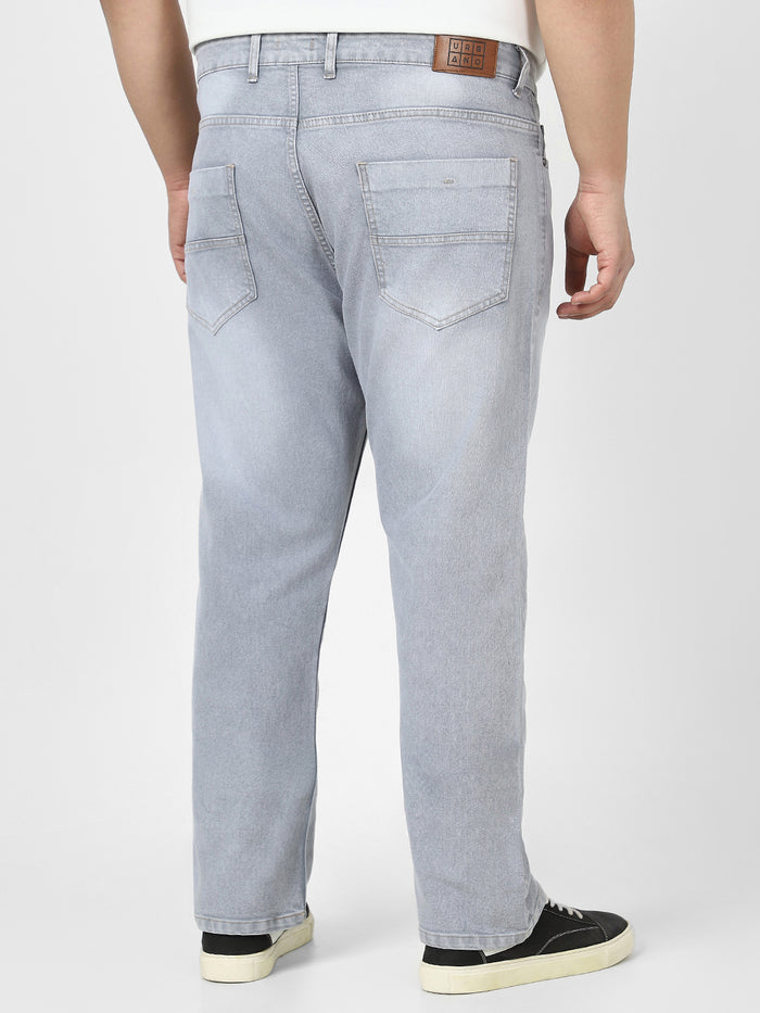 Plus Men's Light Grey Straight Fit Washed Jeans Stretchable