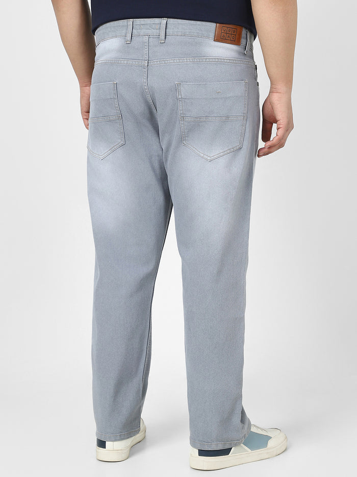 Plus Men's Light Grey Straight Fit Washed Jeans Stretchable