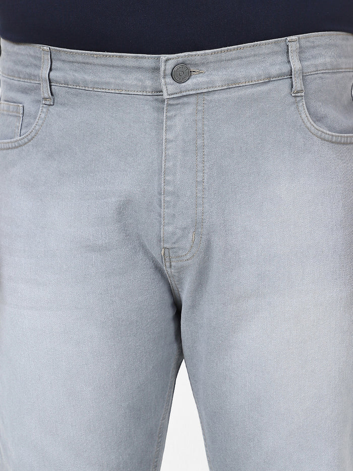 Plus Men's Light Grey Straight Fit Washed Jeans Stretchable