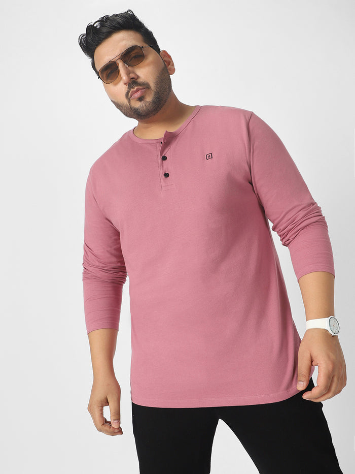 Plus Men's Lilac Solid Henley Neck Regular Fit Full Sleeve Cotton T-Shirt