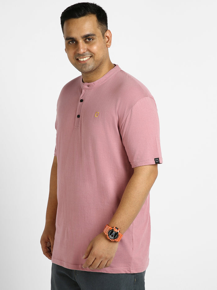 Plus Men's Lilac Solid Mandarin Collar Regular Fit Half Sleeve Cotton T-Shirt