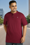 Plus Men's Maroon Solid Mandarin Collar Regular Fit Half Sleeve Cotton T-Shirt