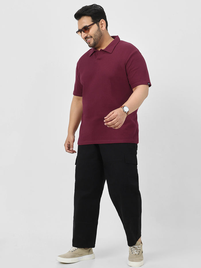 Plus Men's Maroon Textured Regular Fit Half Sleeve Cotton Polo T-Shirt