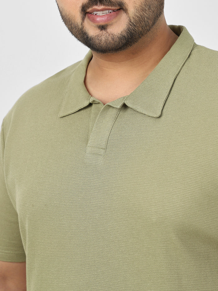 Plus Men's Matcha Green Textured Regular Fit Half Sleeve Cotton Polo T-Shirt