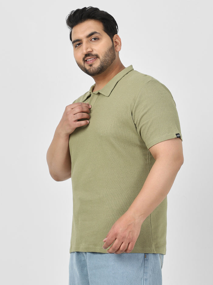 Plus Men's Matcha Green Textured Regular Fit Half Sleeve Cotton Polo T-Shirt