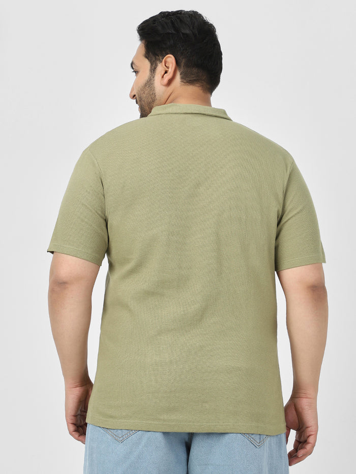 Plus Men's Matcha Green Textured Regular Fit Half Sleeve Cotton Polo T-Shirt